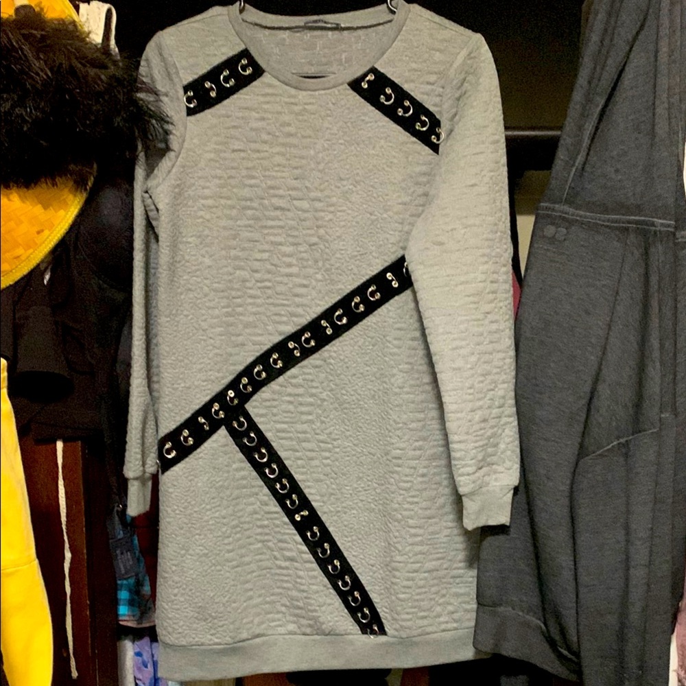 Gray Textured Dress with Black Strap Accents